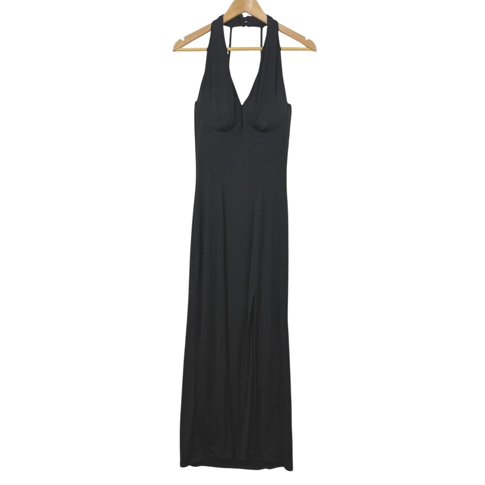Vintage Black Babydoll Maxi Dress Size M Peep Studio Y2K High Slit Built In Bra - Picture 5 of 11